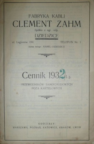 /Cennik/ Fabryka kabli Clement Zahm 1932